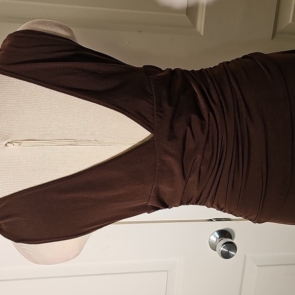 Y2K, Baby Doll Elegant Brown Sleeveless Dress. Rouched, Midi, Size Large. - Picture 7 of 7